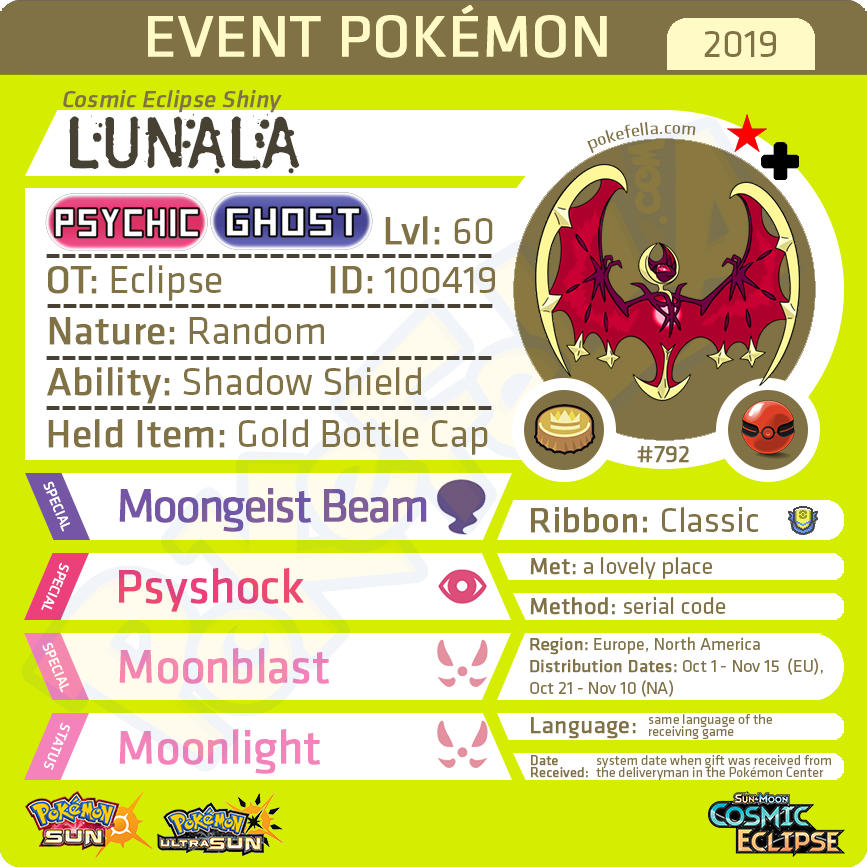 Shiny Lunala EVENT 6IV Pokemon Sun/moon Us/um Sword/shield -  Hong Kong