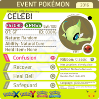 Pokémon 20th Anniversary Celebi • OT: GF • ID No. 03016 •  2016 Event