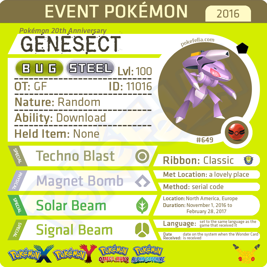 Pokémon 20th Anniversary Genesect • OT: GF • ID No. 11016 • North America, Europe 2016 Event