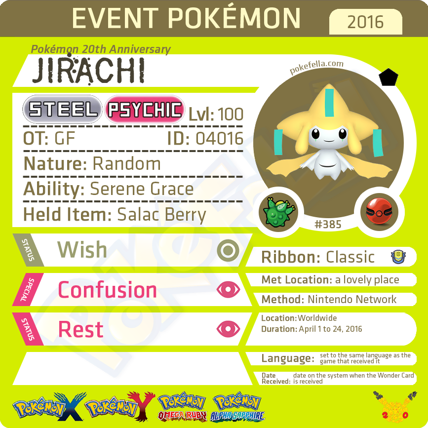 Pokémon 20th Anniversary Jirachi • OT: GF • ID No. 04016 •  2016 Event