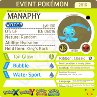 Pokémon 20th Anniversary Manaphy • OT: GF • ID No. 06016 •  2016 Event