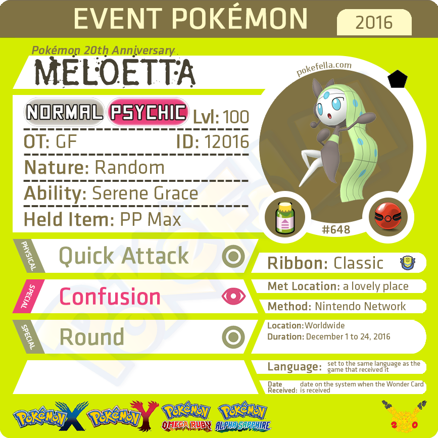 Pokémon 20th Anniversary Meloetta • OT: GF • ID No. 12016 • North Amer