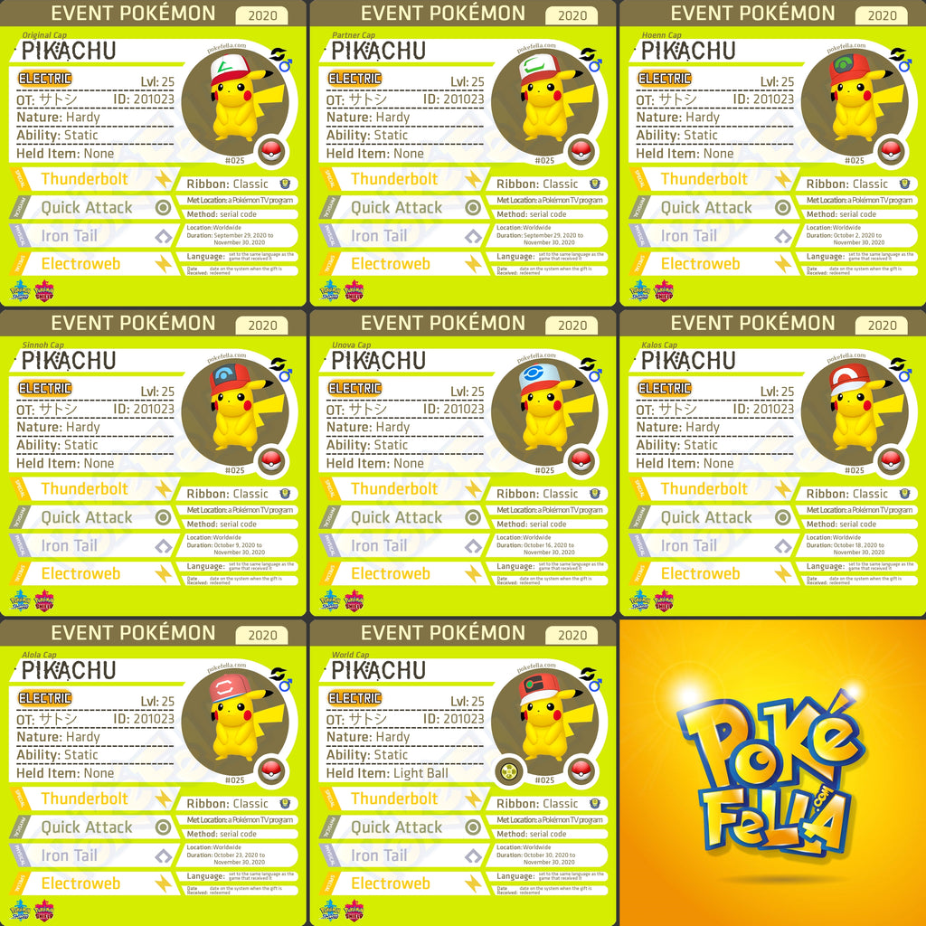 Ash Cap (Original, Partner, Hoenn, Sinnoh, Unova, Kalos, Alola, World) Pikachu Event Bundle • OT: サトシ, Ash, Sacha, 지우, 小智 • ID No. 201023 • Worldwide 2020 Event
