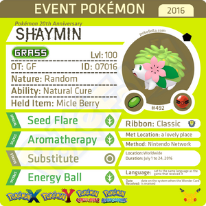 Pokémon 20th Anniversary Shaymin • OT: GF • ID No. 07016 • North Ameri