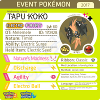 Melemele Island Shiny Tapu Koko • OT: Melemele • ID No. 170428 • Hongkong, Taiwan 2017 Event
