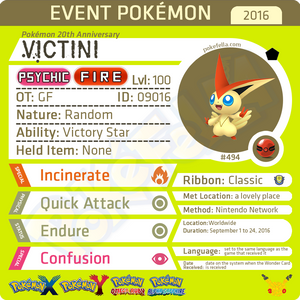 Pokémon 20th Anniversary Victini • OT: GF • ID No. 09016 •  2016 Event