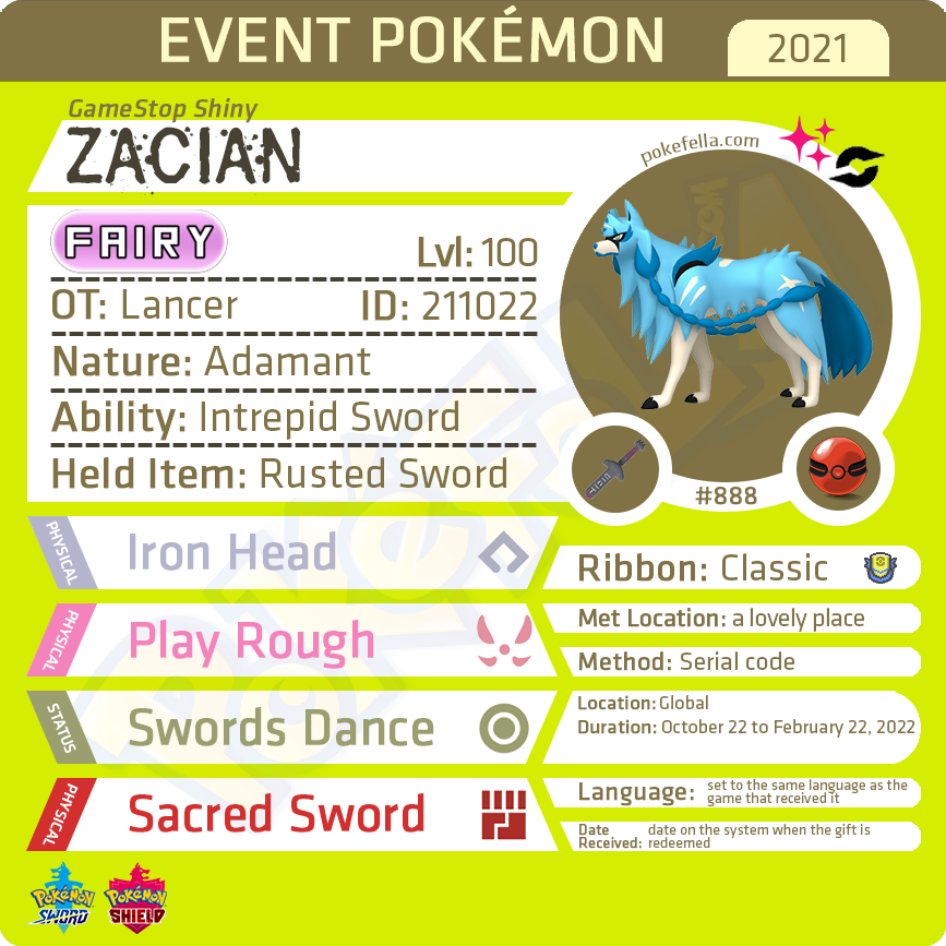 6IV Shiny Legendary Zacian / Pokemon Sword and Shield / 6IV Pokemon