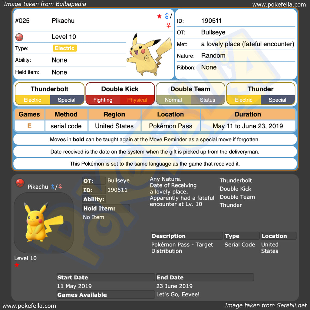 Pokémon Pass Shiny Pikachu • OT: Bullseye • ID No. 190511 • US 2019 Ev